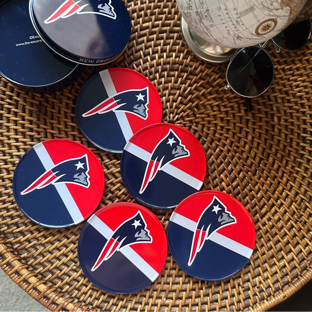 New England Patriots Football Set of 5 Coasters in Coordinating Tin Container